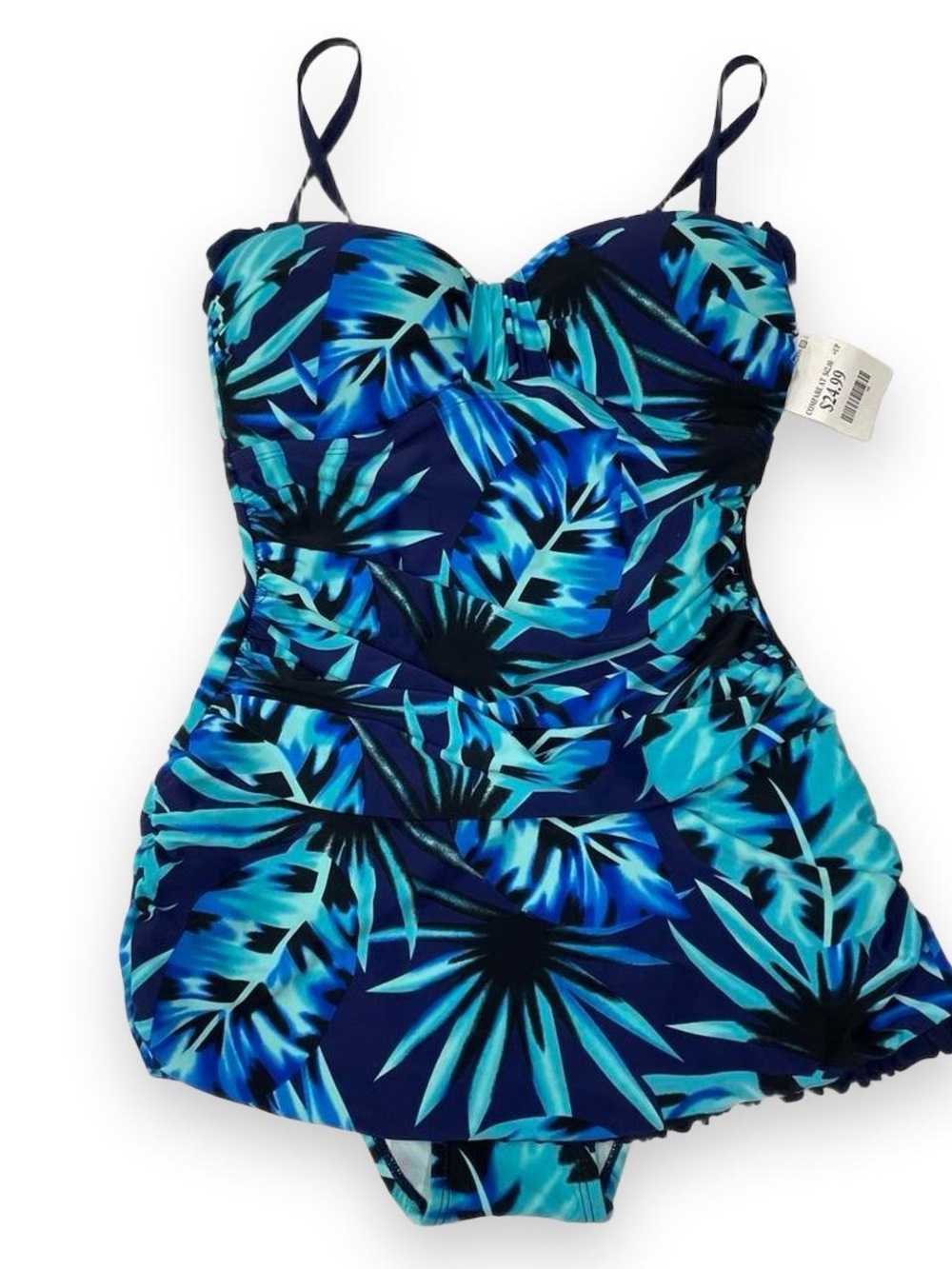 Blue Tropical Print One-Piece Swimdress with Removable Straps